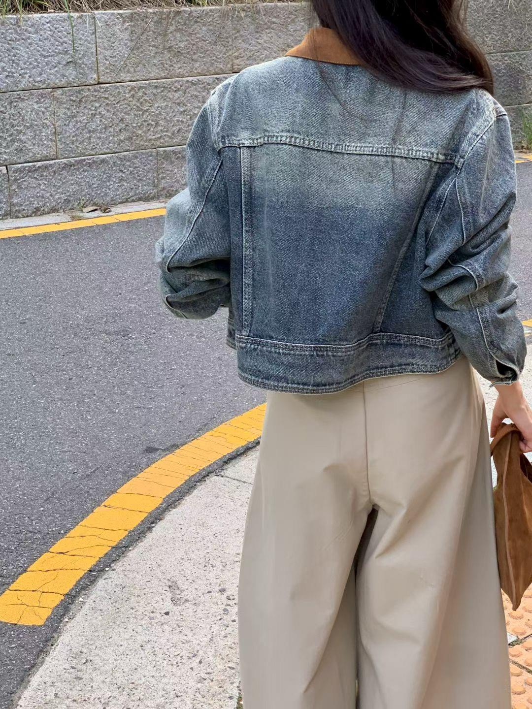 拼接領洗色牛仔外套